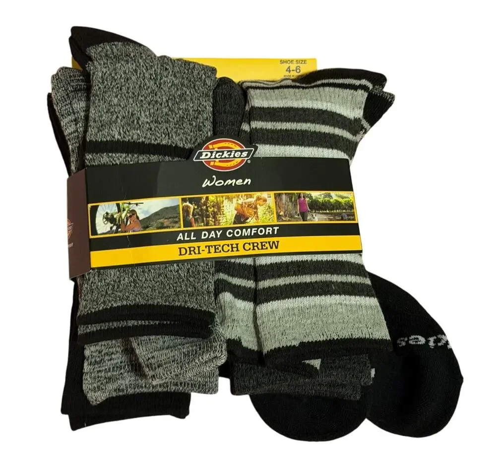 Dickies Women's 4-6 Black Gray Dri Tech Crew All Day Comfort Socks